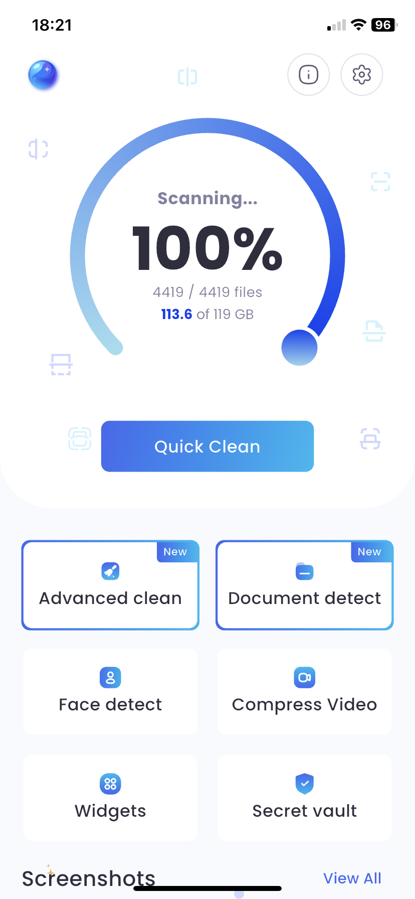 Cleanio iPhone app screenshot showing Smart Clean